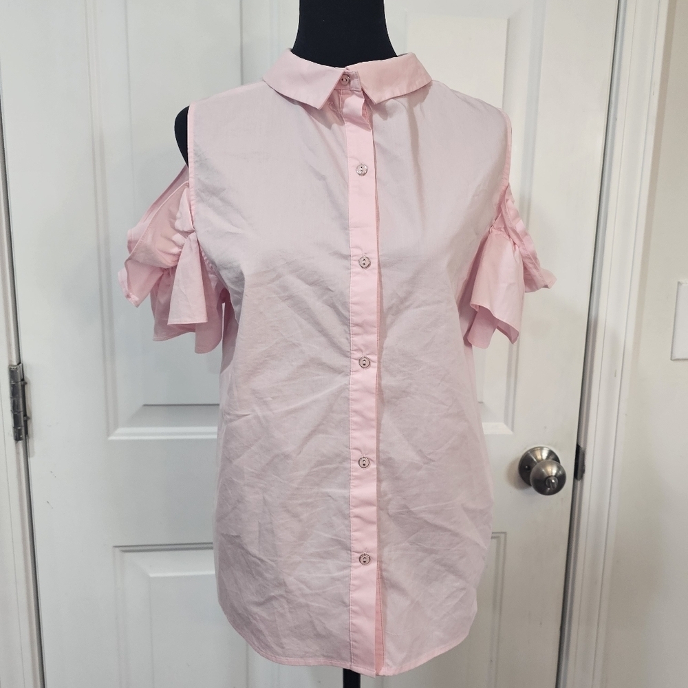 ELLE Pink Ruffle Sleeve cold Shoulder Women's Top Size M Classic Babydoll Core